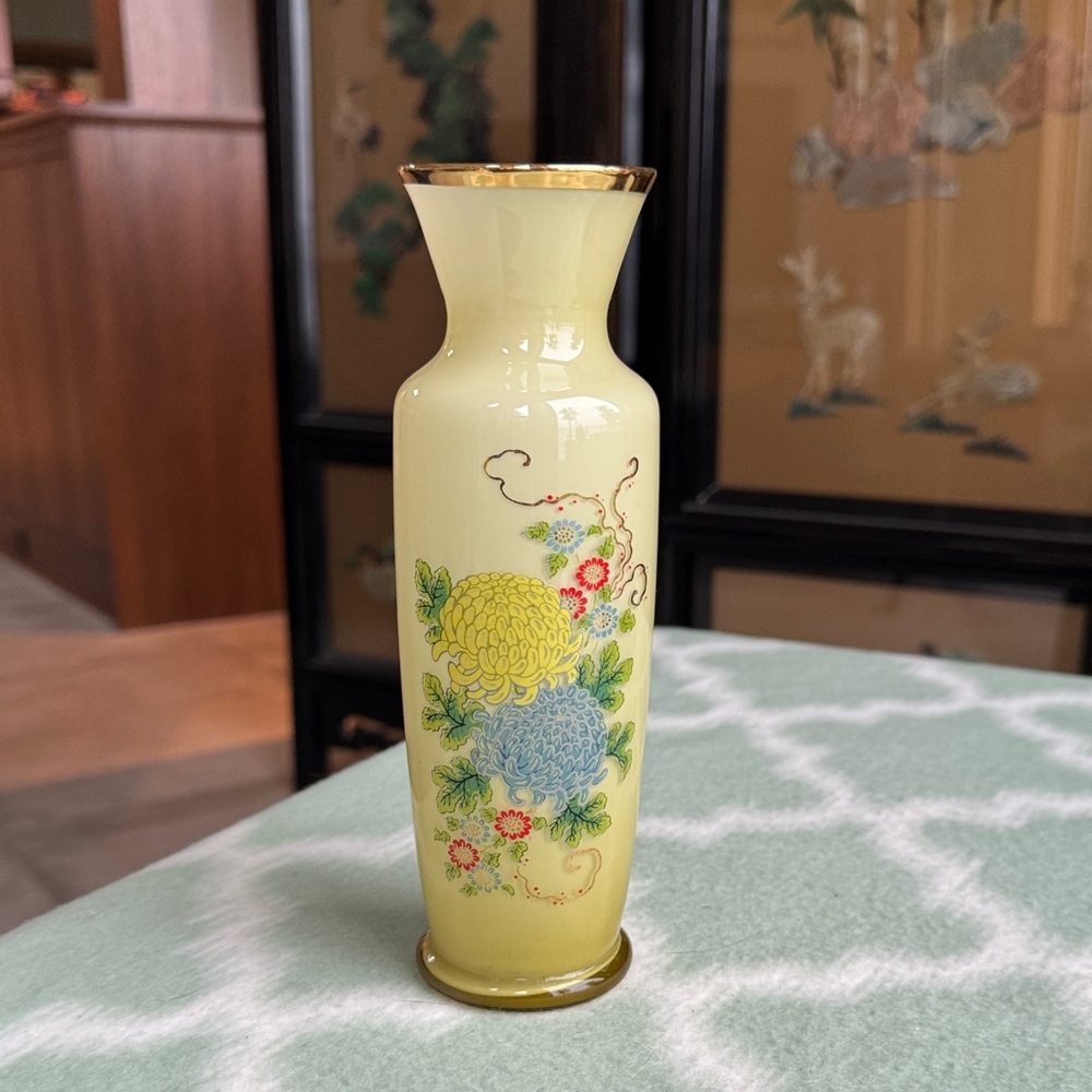 Vintage hand painted blown glass Floral Vase with Yellow and Gold Accents